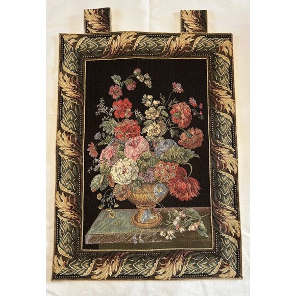 Vintage French Woven Floral Tapestry Wall Hanging Jacquard Moody 16.5” x 25”